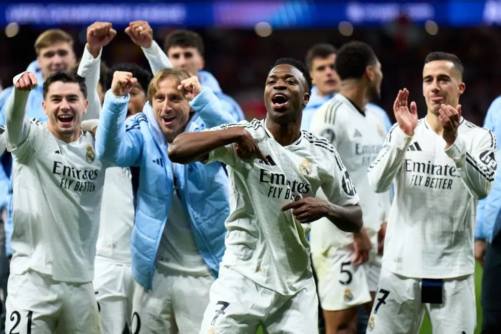Jogadores do Real Madrid comemoram classificação na Champions League. Foto: Angel Martinez/Getty Images