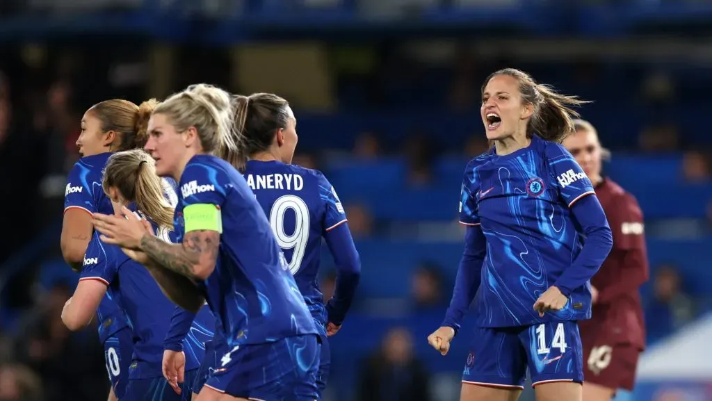 LONDON, ENGLAND – MARCH 27: Nathalie Bjoern of Chelsea celebrates scoring her team’s second goal during the UEFA Women’s Champions League Quarter Finals Second Leg match between Chelsea FC and Manchester City at Stamford Bridge on March 27, 2025 in London, England. (Photo by Alex Pantling/Getty Images)