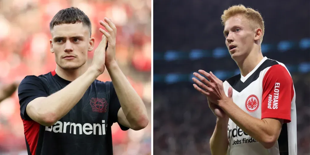 Florian Wirtz, do Bayer Leverkusen (Photo by Alex Grimm/Getty Images) e Hugo Larsson, do Eintracht Frankfurt (Photo by Alex Grimm/Getty Images), em campo, alvos do Manchester City