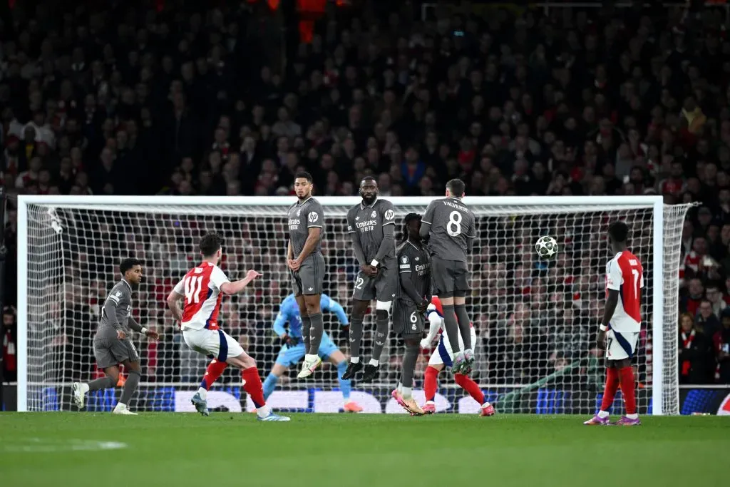 Declan Rice instantes antes de abrir o placar em Arsenal x Real Madrid (Justin SetterfieldGetty Images)
