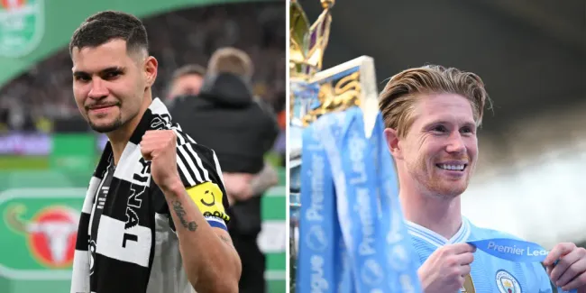 Bruno Guimarães (Photo by Stu Forster/Getty Images) e Kevin De Bruyne (Photo by Michael Regan/Getty Images), O primeiro é um grande alvo do Manchester City, e o segundo, vai deixar o clube ao final desta temporada