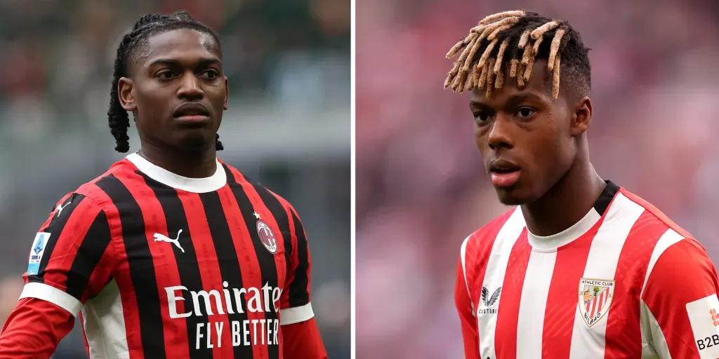 Rafael Leão, atacante do Milan (Photo by Marco Luzzani/Getty Images) e Nico Williams, do Athletic Bilbao, alvos do Arsenal (Photo by Juan Manuel Serrano Arce/Getty Images)