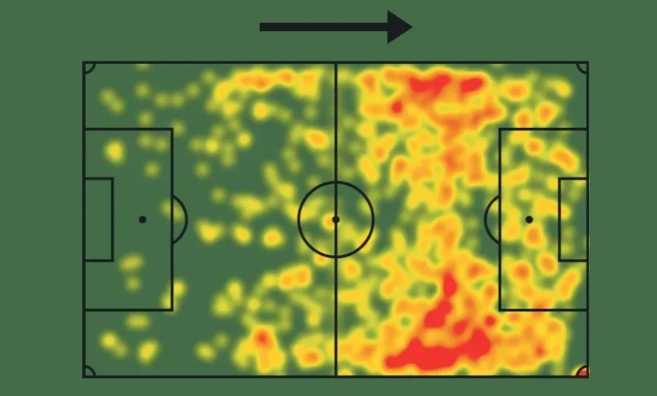 Mapa de calor de Leroy Sané na temporada 2024-25 (fonte: SofaScore)