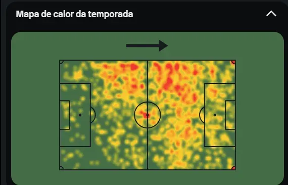 Mapa de calor de Cunha na Premier League. Jogos: 35 | gols: 17