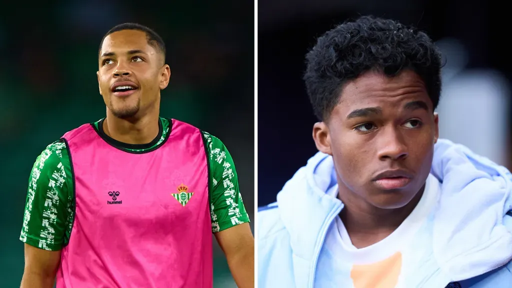 No lado esquerdo, Vitor Roque aparece pelo Betis (Photo by Fran Santiago/Getty Images) - No lado direito, Endrick aparece pelo Real Madrid (Photo by Juan Manuel Serrano Arce/Getty Images)