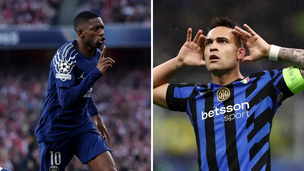 Ousmane Dembélé comemora gol (Photo by Michael Steele/Getty Images) e Lautaro Martínez comemora gol pela Inter (Photo by Marco Luzzani/Getty Images)