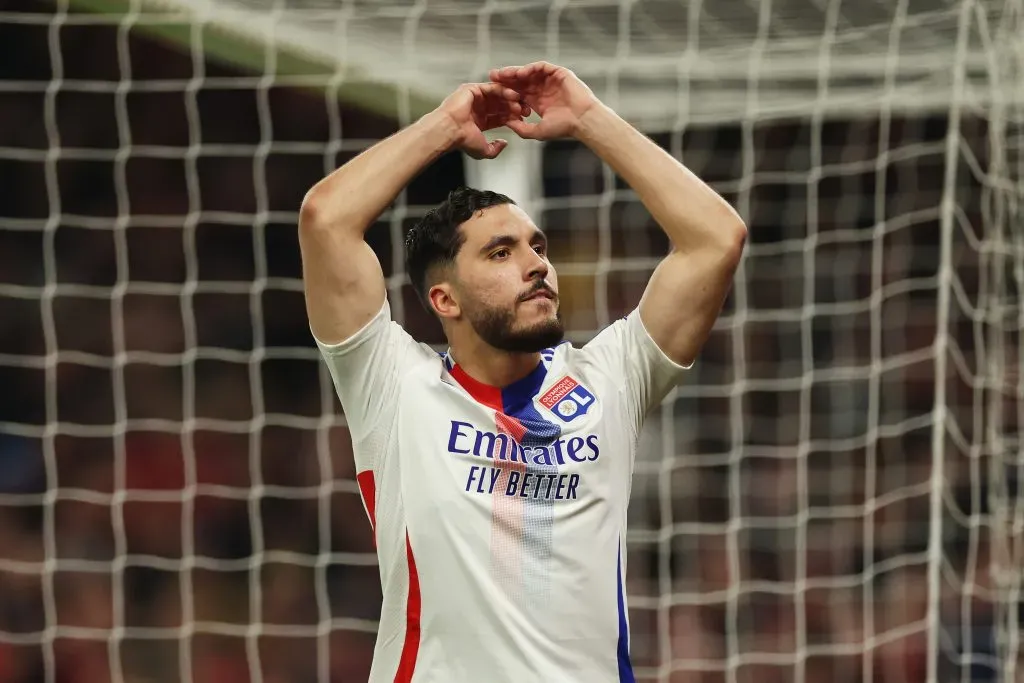 MANCHESTER, ENGLAND – APRIL 17: Rayan Cherki of Olympique Lyonnais encourages the crowd during the UEFA Europa League 2024/25 Quarter Final Second Leg match between Manchester United and Olympique Lyonnais at Old Trafford on April 17, 2025 in Manchester, England. (Photo by Carl Recine/Getty Images)