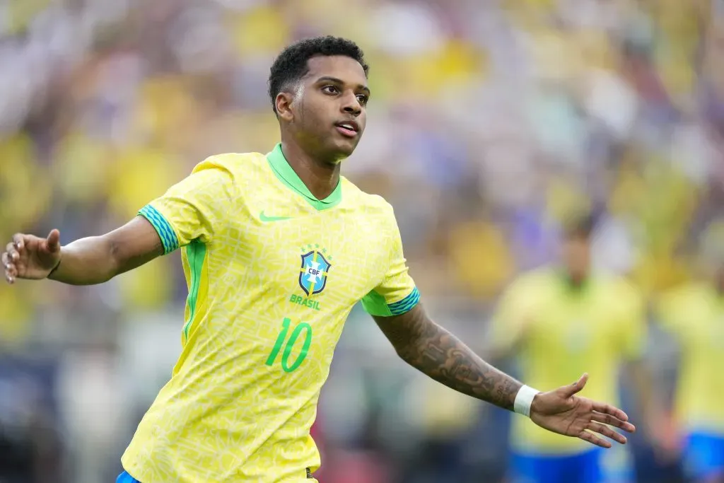 Rodrygo celebra gol do Brasil. Foto: Rich Storry/Getty Images