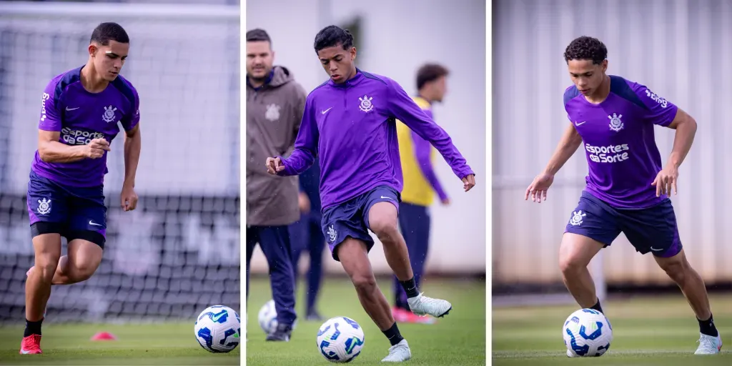 Jogadores do Corinthians, com a camisa roxa