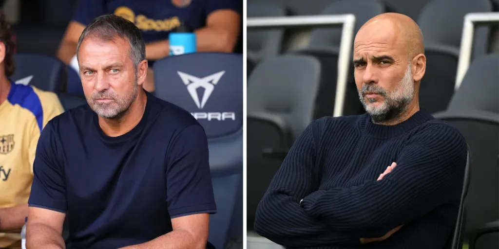 Hansi Flick do Barcelona de camisa preta e Guardiola do Manchester city de blusa preta