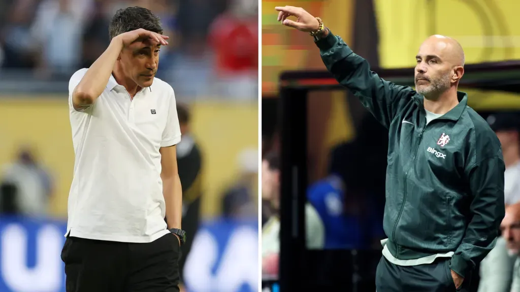 Bruno Laje, de Branco e Enzo Maresca, com jaqueta do Chelsea (Foto Bruno Laje: by Dan Mullan/Getty Images - Foto Enzo Maresca: by Alex Grimm/Getty Images)