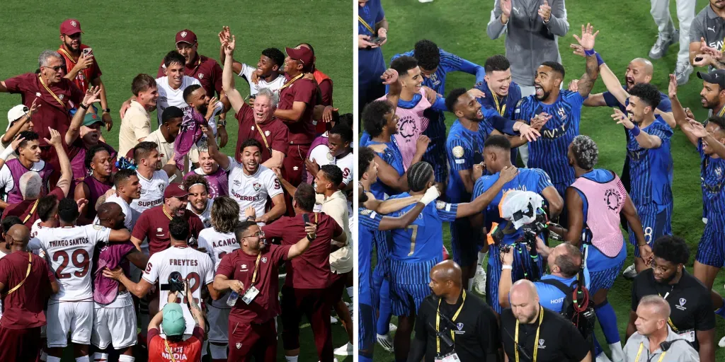 Jogadores do Fluminense (Photo by Buda Mendes/Getty Images) e atletas do Al-Hilal (Photo by Megan Briggs/Getty Images) comemoram classificação às quartas de final do Mundial de Clubes. Equipes vão se enfrentar nesta sexta (4)