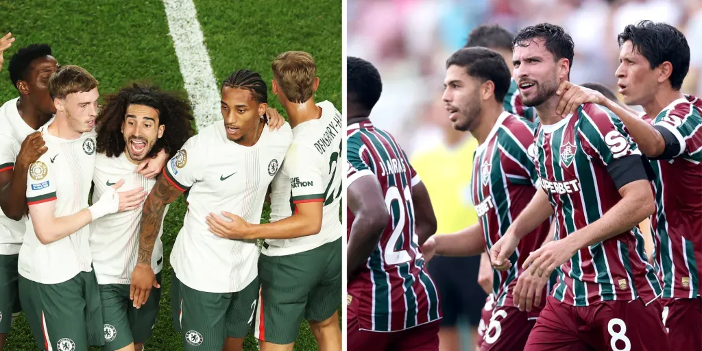 Jogadores do Chelsea (Photo by Al Bello/Getty Images) e jogadores do Fluminense (Photo by Megan Briggs/Getty Images)