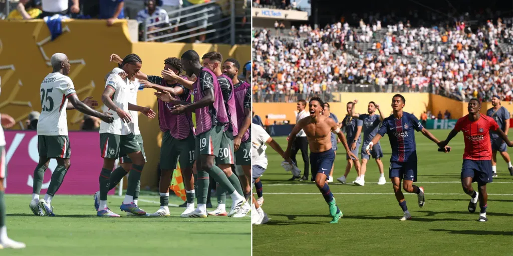 jogadores do chelsea com a camisa branca e jogadores do psg com a camisa azul