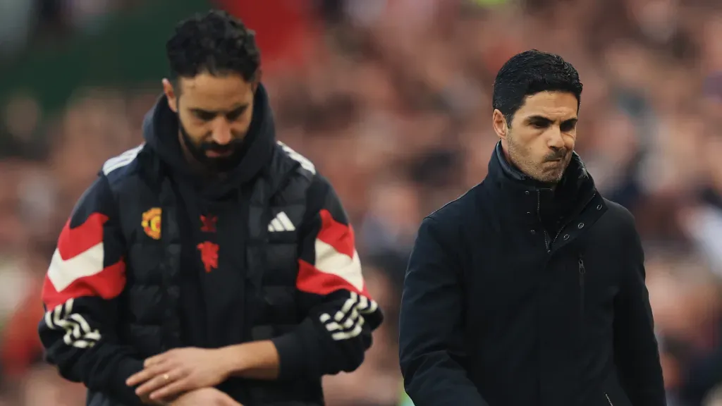 Arteta e Ruben Amorim em jogo entre Manchester United e Arsenal (Foto: Carl RecineGetty Images)