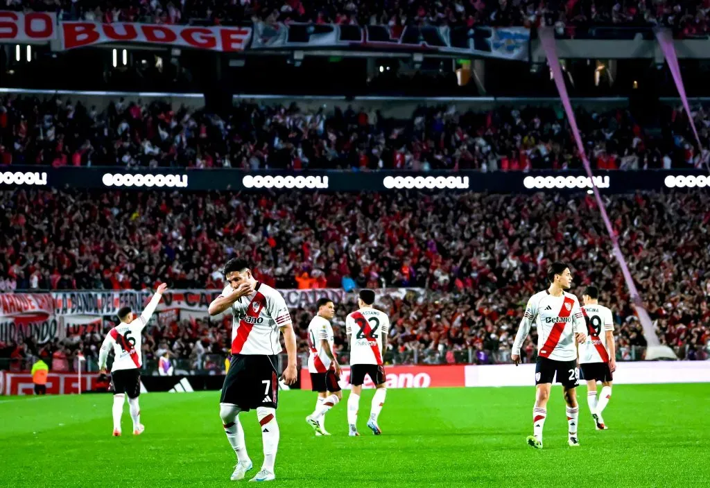Maximiliano Salas do River Plate comemora após marcar o segundo gol do time durante uma partida do Torneo Clausura Betano 2025 entre River Plate e San Martin SJ no Estadio Más Monumental Antonio Vespucio Liberti em 31 de agosto de 2025 em Buenos Aires, Argentina. Foto: Marcelo Endelli/Getty Images