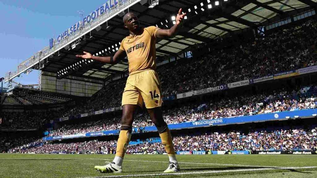 Jean-Philippe Mateta reage durante a partida da Premier League. Foto: Ryan Pierse/Getty Images