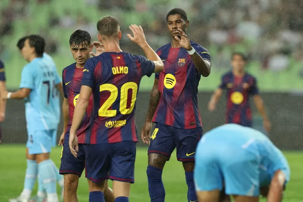 Marcus Rashford, do FC Barcelona, comemora o quinto gol de sua equipe durante o amistoso de pré-temporada entre o FC Barcelona e o Daegu FC no Estádio Daegu, em 4 de agosto de 2025, em Daegu, Coreia do Sul. Foto: Han Myung-Gu/Getty Images