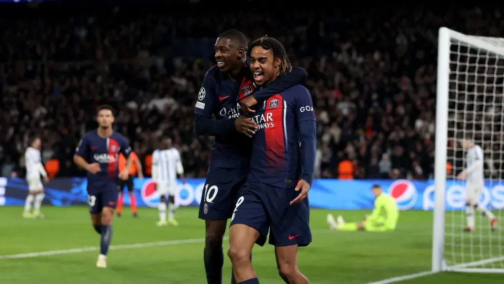 Dembelé e Barcola comemorando gol no PSG. Real Madrid quer o Barcola