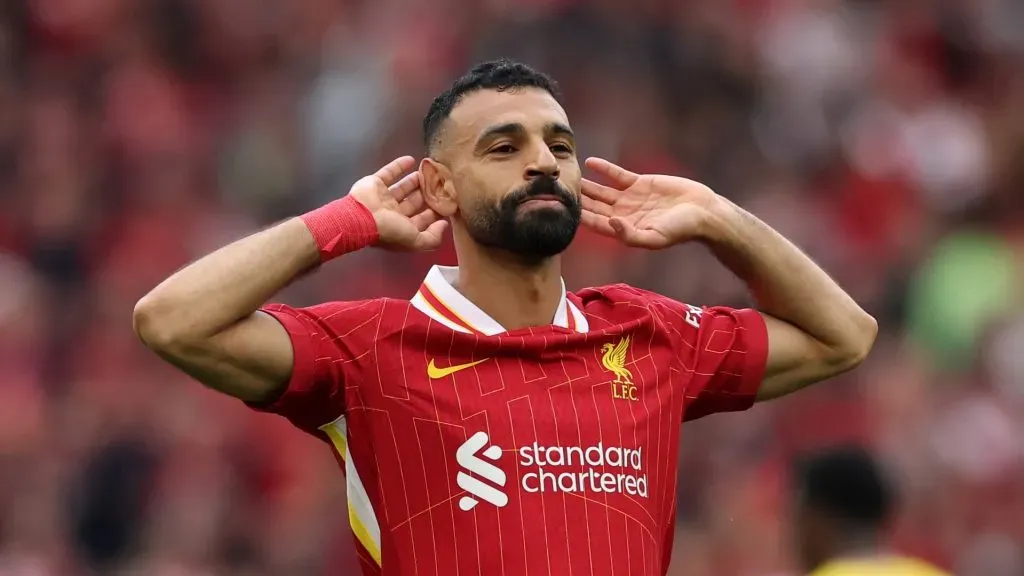Salah comemorando gol pelo Liverpool. Foto: Carl Recine/Getty Images