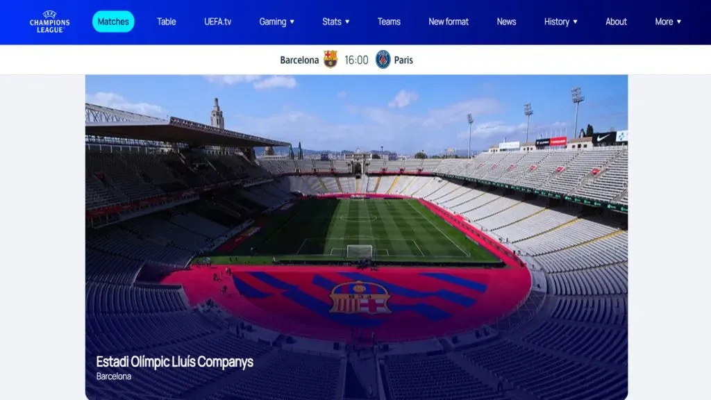 Barcelona x PSG será no estádio Lluís Companys (foto: reprodução/site da Uefa Champions League)