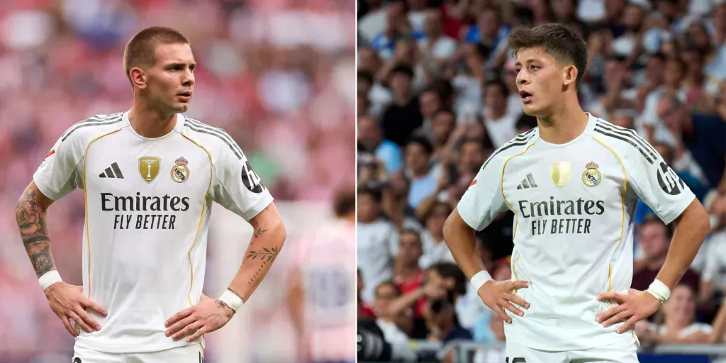 Mastantuono e Arda Güler, em campo, com a camisa branca do Real Madrid