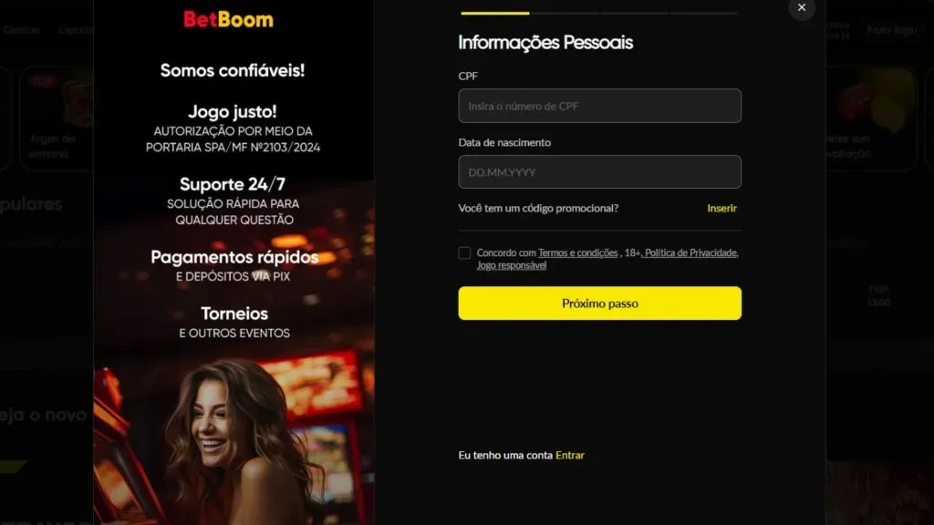 Etapas do cadastro na BetBoom são bastante simples (Reprodução)