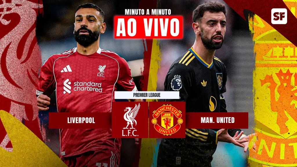 Salah e Bruno Fernandes durante jogo. (Foto Salah: Justin Setterfield/Getty Images) - (Foto Bruno Fernandes: Justin Setterfield/Getty Images)