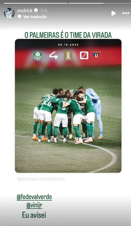 Endrick brinca com colegas após virada do Palmeiras (Reprodução/Instagram)