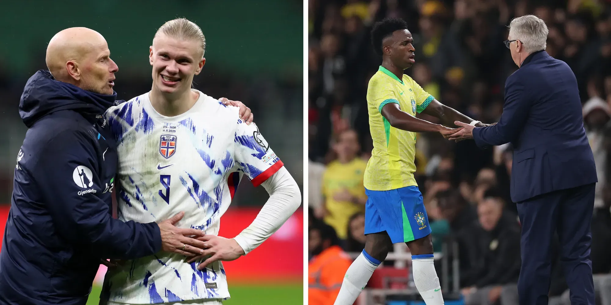 Haaland na Seleção da Noruega (Foto: Marco Luzzani/Getty Images) e Vini Jr com Ancelotti, com quem já trabalhou no Real Madrid (Foto: Ryan Pierse/Getty Images)