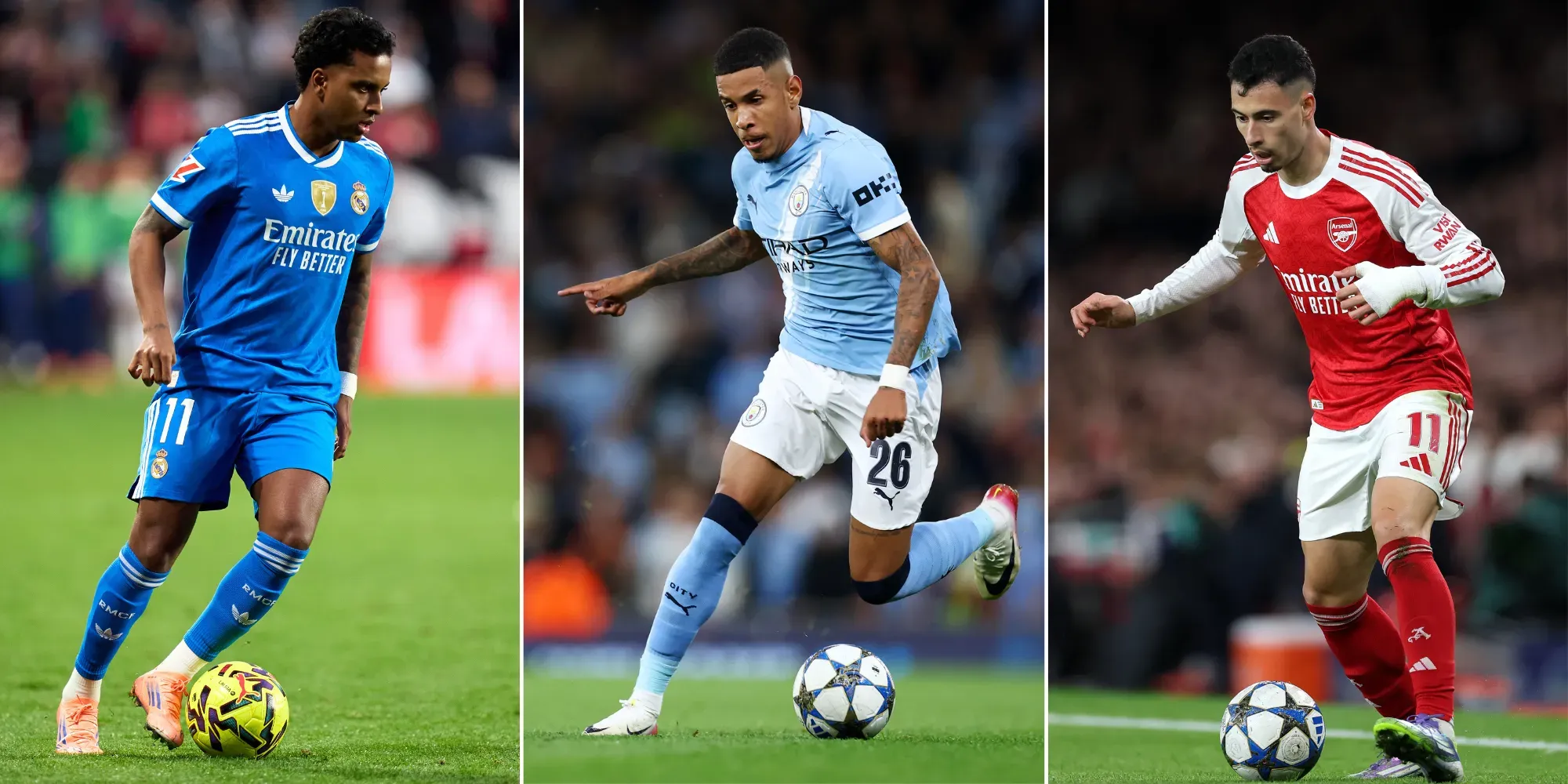 Gabriel Martinelli, do Arsenal (Foto: Alex Pantling/Getty Images), Rodrygo, do Real Madrid (Foto: Angel Martinez/Getty Images) e Savinho (Foto: Dan Istitene/Getty Images)