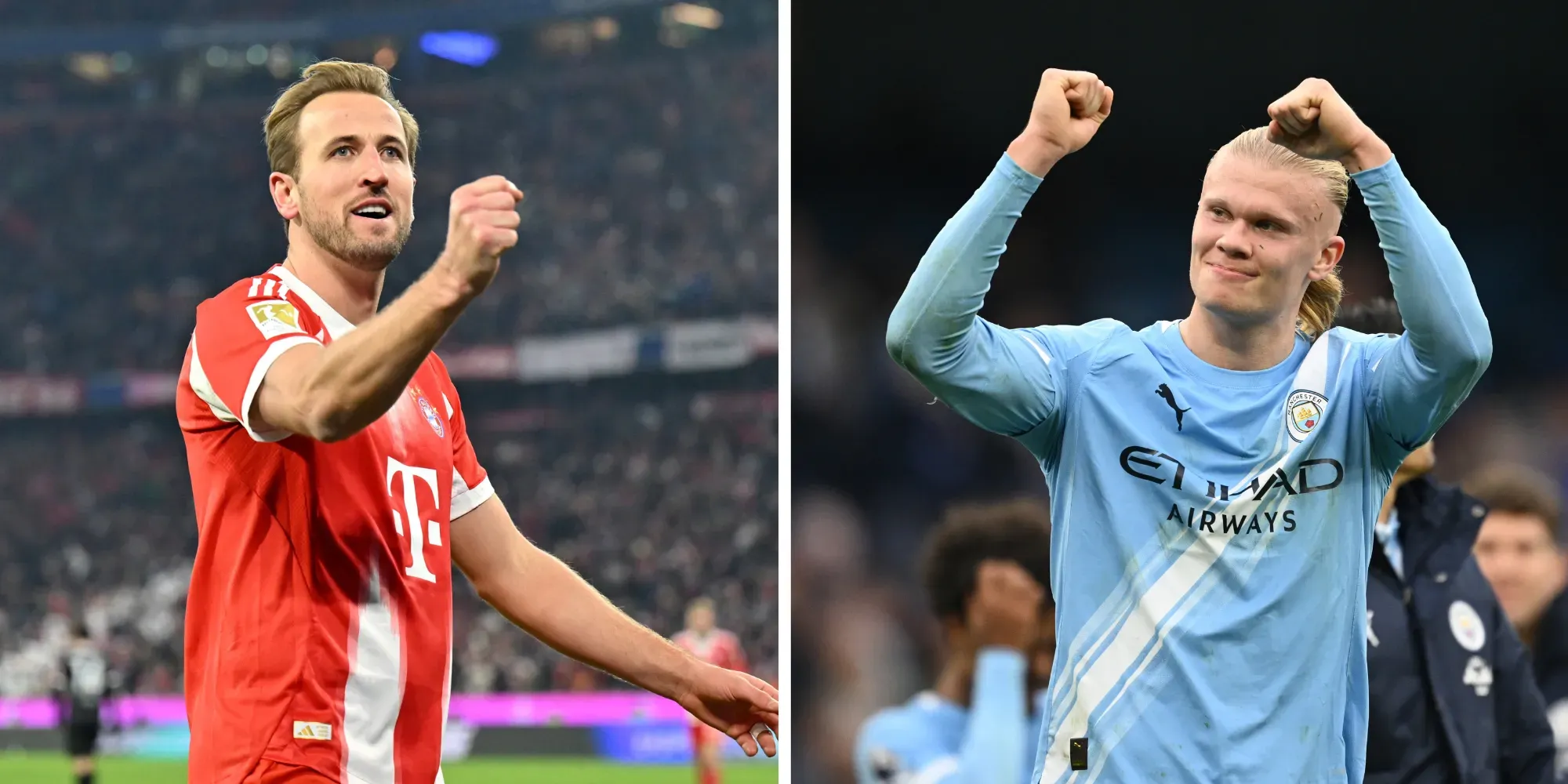 Harry Kane, pelo Bayern de Munique (Foto: Sebastian Widmann/Getty Images) e Haaland, no Manchester City (Foto: Gareth Copley/Getty Images)