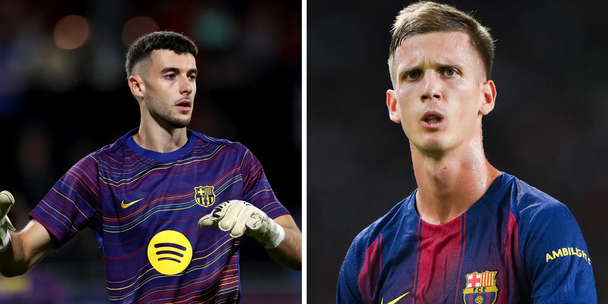 Joan García, goleiro do Barcelona (Foto: Judit Cartiel/Getty Images) e Dani Olmo (Foto: David Ramos/Getty Images). Deco, diretor do clube catalão, teve uma reunião com o agente dos jogadores para discutir o momento que eles vivem, segundo o jornal SPORT.