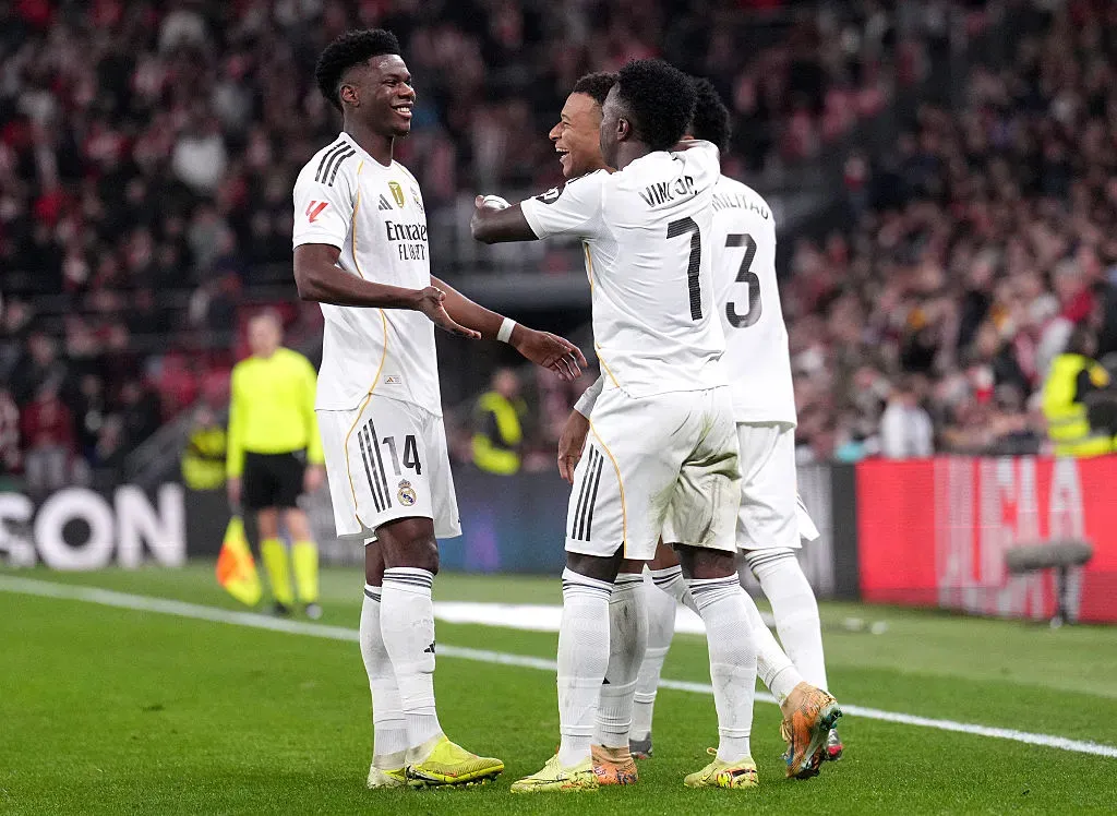 Mbappé comemorou seu gol ao lado de Camavinga. Juan Manuel Serrano Arce/Getty Images.