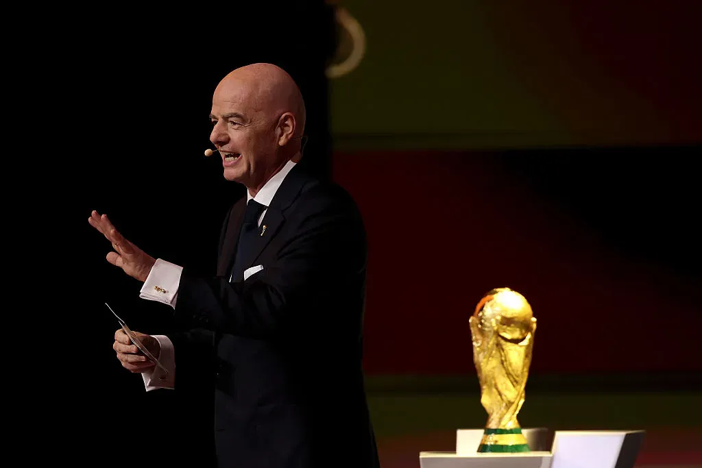 WASHINGTON, DC – DECEMBER 05: Gianni Infantino, President of FIFA, speaks during the FIFA World Cup 2026 Official Draw at John F. Kennedy Center for the Performing Arts on December 05, 2025 in Washington, DC. (Photo by Patrick Smith/Getty Images)