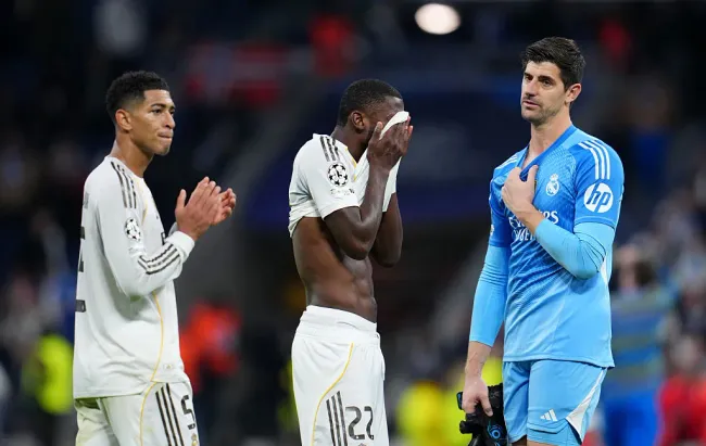 Jude Bellingham, Antonio Rüdiger e Thibaut Courtois, do Real Madrid, reagem após a derrota da equipe durante a partida da 6ª rodada da fase de grupos da UEFA Champions League 2025/26 entre Real Madrid CF e Manchester City, no Estádio Santiago Bernabéu, em 10 de dezembro de 2025, em Madri, Espanha. (Foto de Aitor Alcalde/Getty Images)