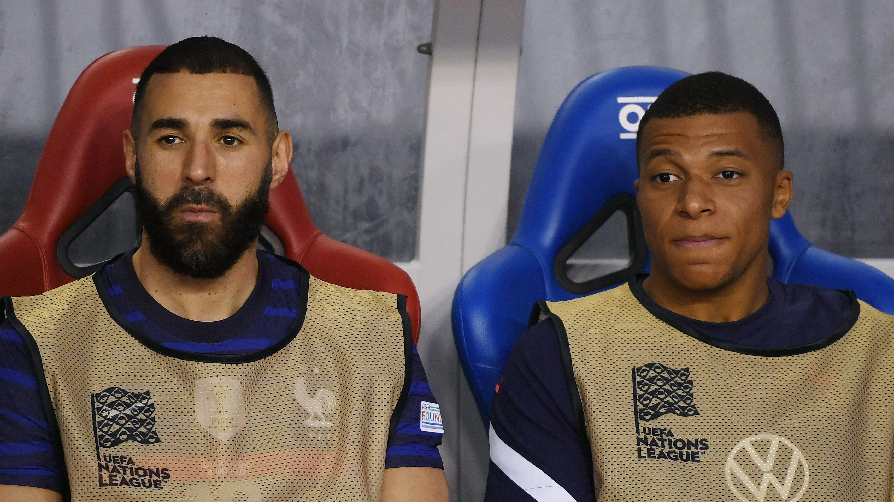 Karim Benzema e Kylian Mbappé em jogo da França x Croácia. (Photo by Jurij Kodrun/Getty Images)