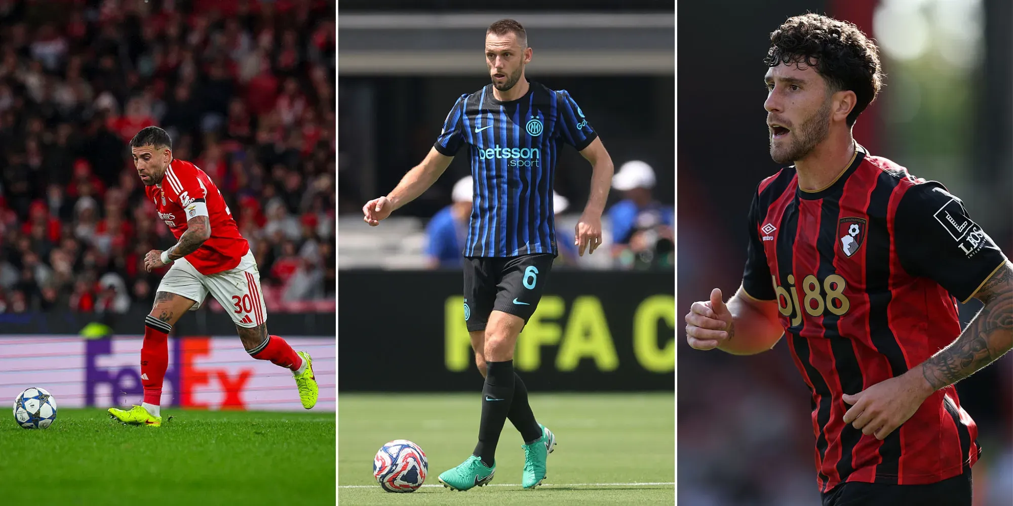 Otamendi (Foto: Carlos Rodrigues/Getty Images), De Vrij (Foto: Michael Reaves/Getty Images) e Marcos Senesi (Foto: Michael Steele/Getty Images)