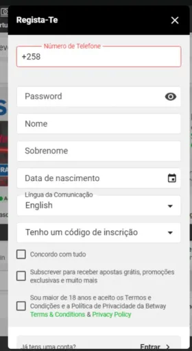 Completar dados no registo betway