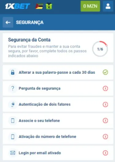 Nível de segurança da sua conta da 1xBet