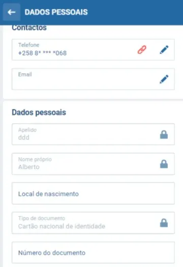 Inserir dados pessoais na 1xBet