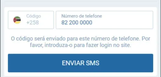 Enviar SMS para registo na App 1xBet
