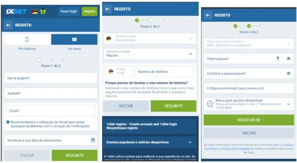 Processo para criar conta na 1xBet