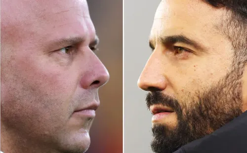 Slot e Amorim num primeiro duelo entre ambos, para a Premier League. Fotos e Montagem: Getty Images.