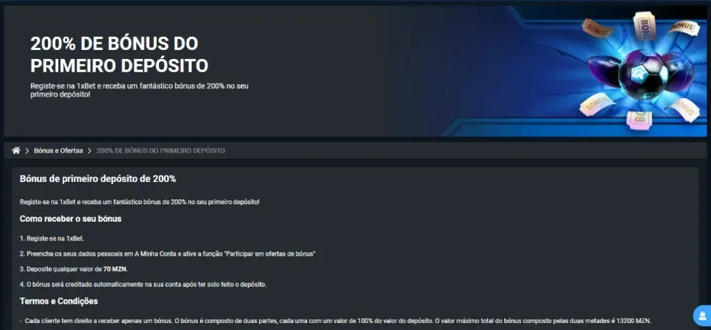 Bónus de boas-vindas da 1xBet Moçambique para desportos