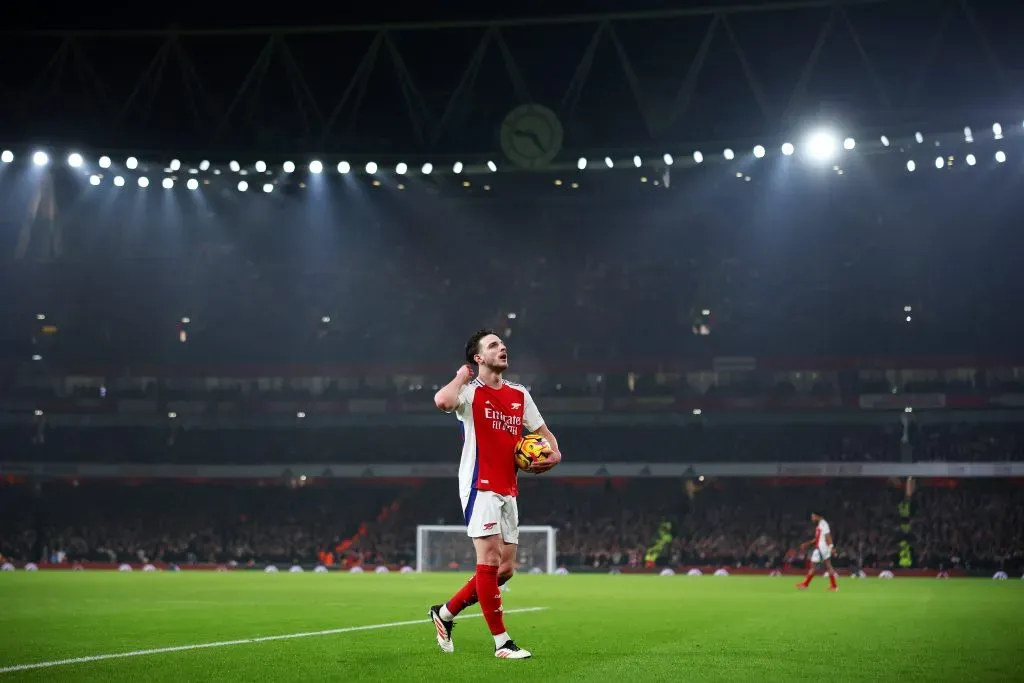 Declan Rice no Arsenal x Tottenham. Foto: Alex Pantling/Getty Images.