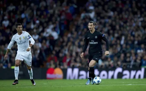 Ibra no PSG e CR7no Real, num jogo da fase de grupos da Champions League, em 2015. Foto: Gonzalo Arroyo Moreno/Getty Images.