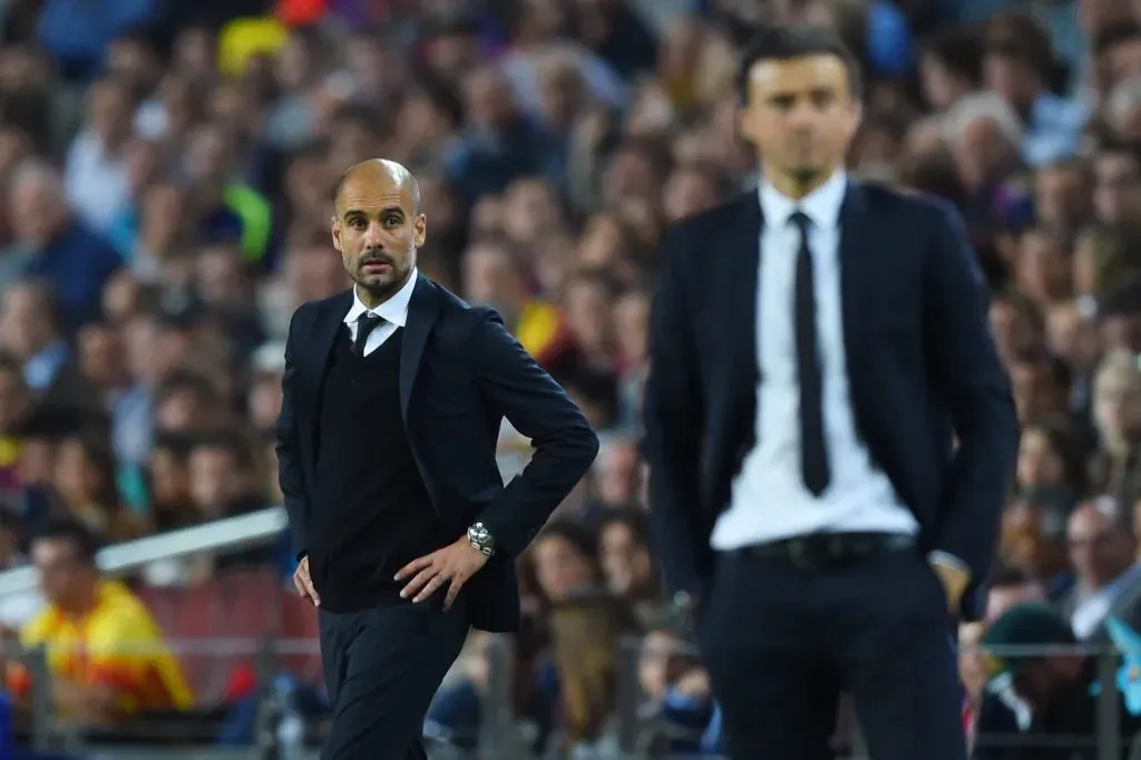 Guardiola e Luis Enrique: espanhóis duelam em PSG x Manchester City. Foto: Shaun Botterill/Getty Images.