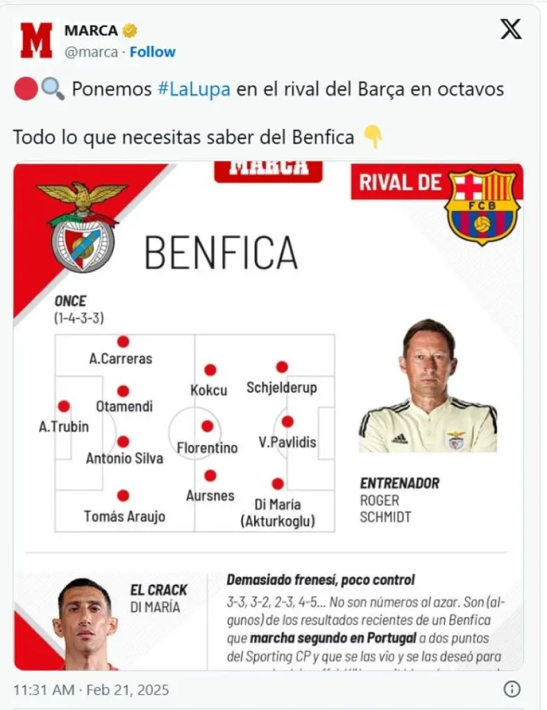 Marca apontou Roger Schmidt como atual treinador do Benfica. Foto: Diário Marca.