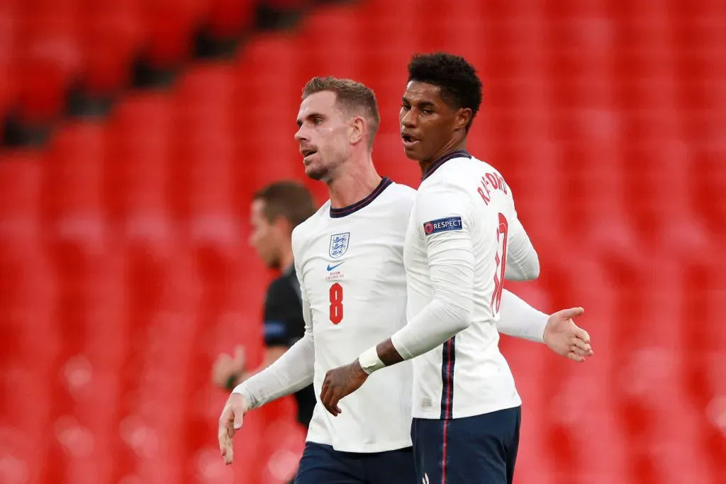 Henderson e Rashford pela seleção inglesa, em 2020. Foto: Ian Walton – Pool/Getty Images.